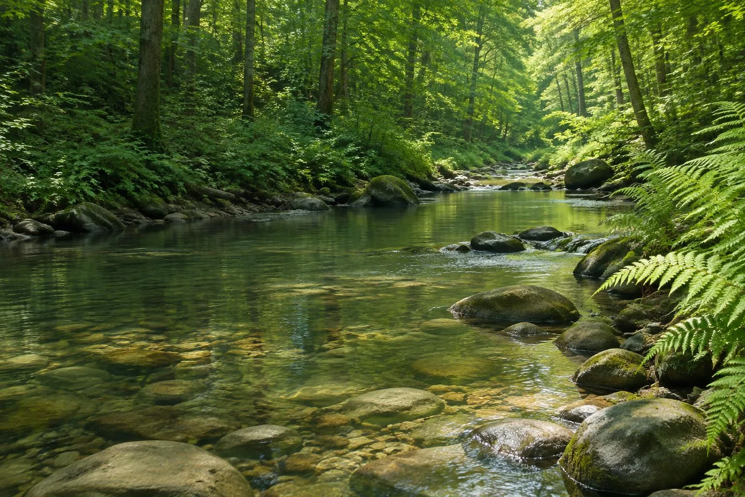 A clear woodland creek flowing over smooth stones