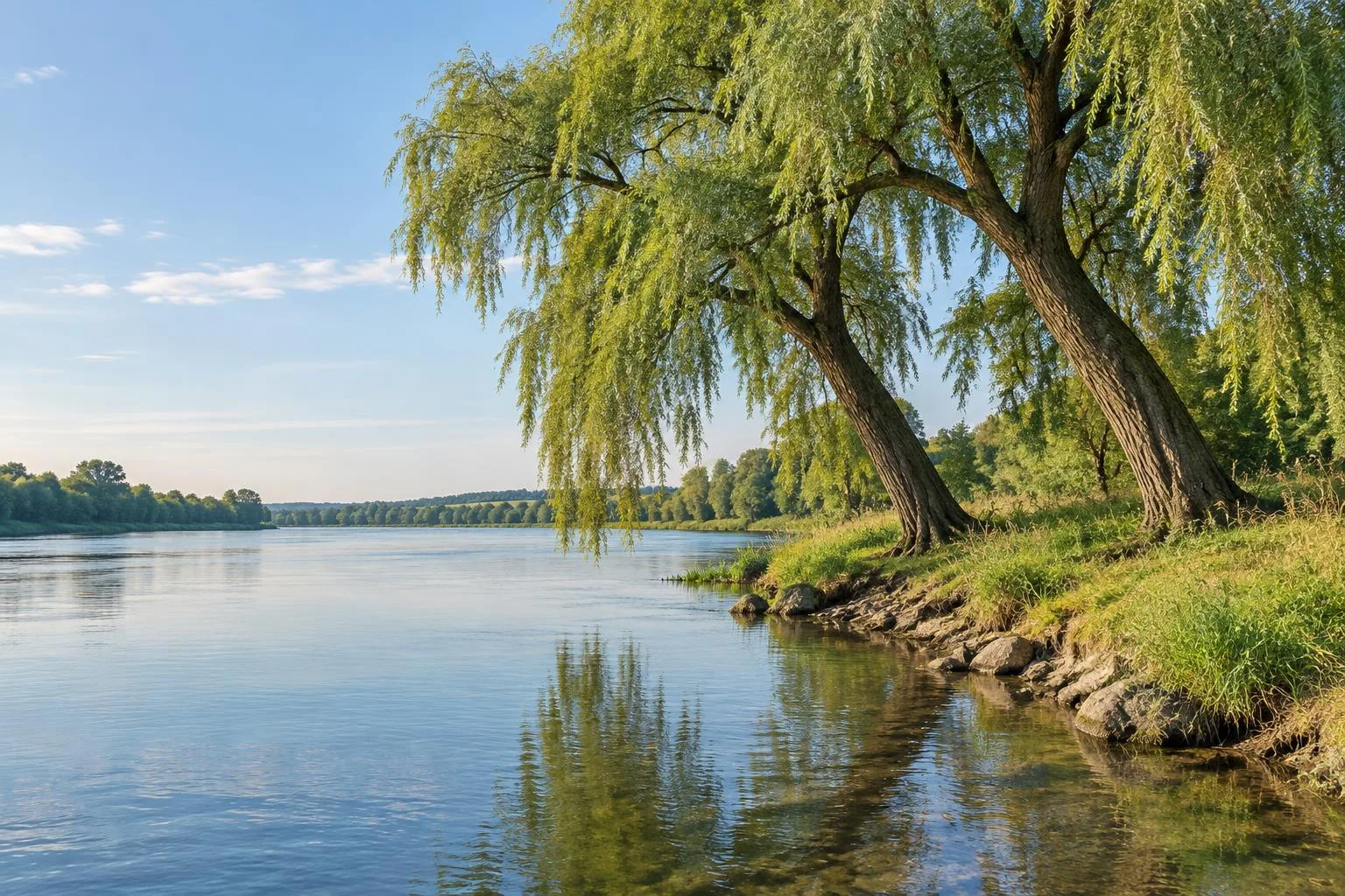 Willow trees beside a calm river