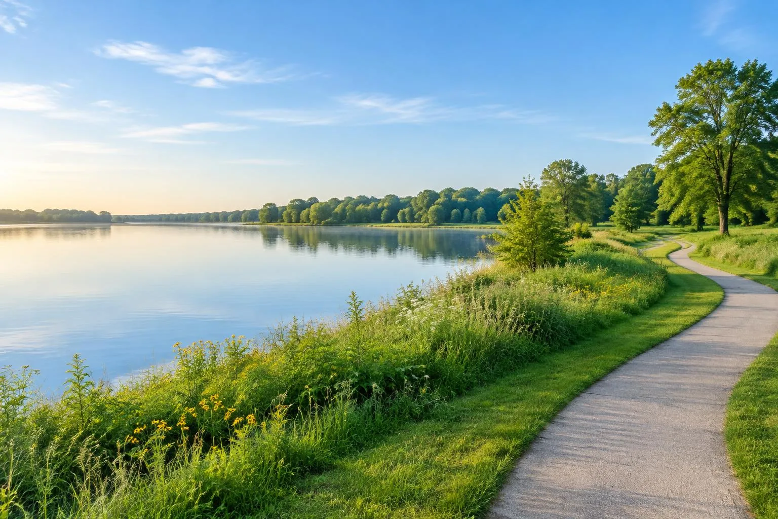 A winding path beside a peaceful lake