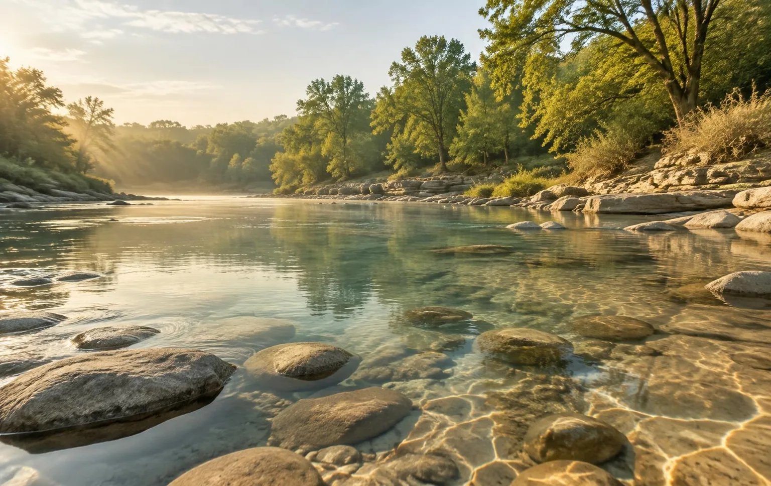 A peaceful river flowing through sunlit trees, with clear water and smooth stones